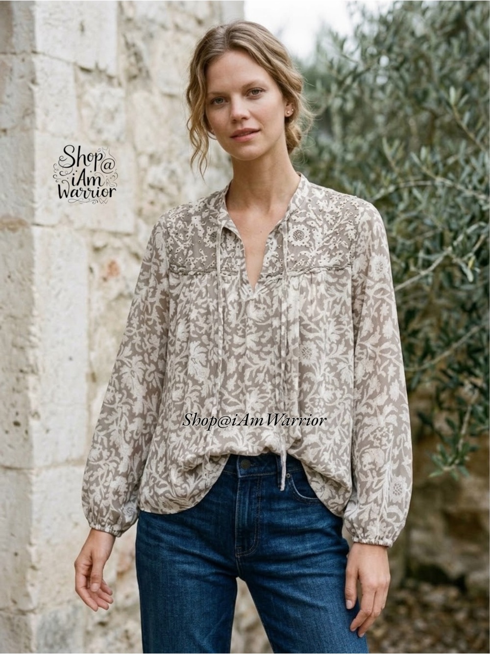 Lucky Brand Beaded Floral Tie Neck Peasant Blouse shop@iAmWarrior